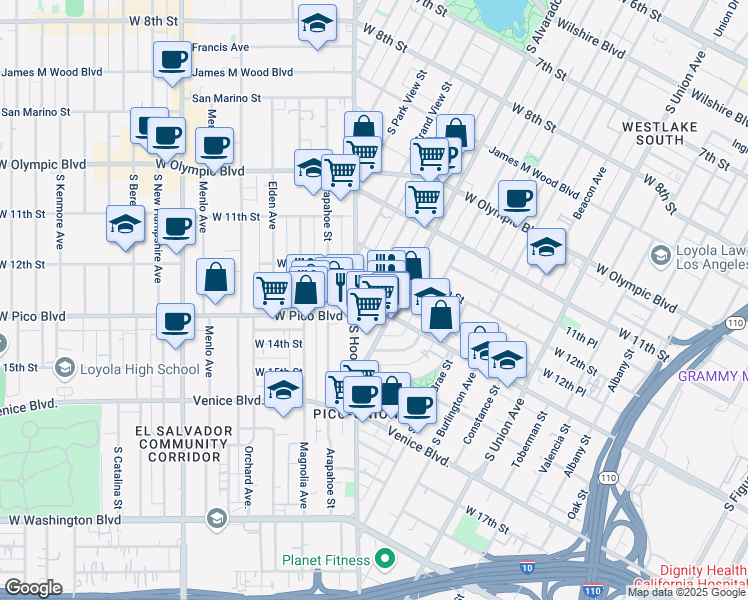 map of restaurants, bars, coffee shops, grocery stores, and more near 1240 Hoover Street in Los Angeles