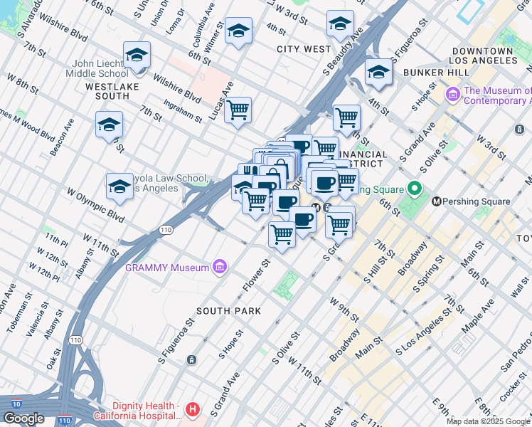 map of restaurants, bars, coffee shops, grocery stores, and more near in Los Angeles