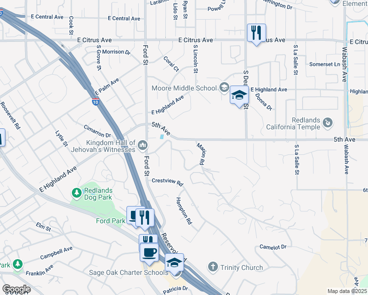 map of restaurants, bars, coffee shops, grocery stores, and more near 1426 5th Avenue in Redlands