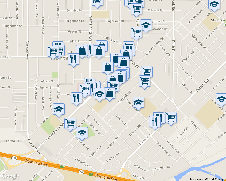 map of restaurants, bars, coffee shops, grocery stores, and more near 10880 Thienes Avenue in South El Monte