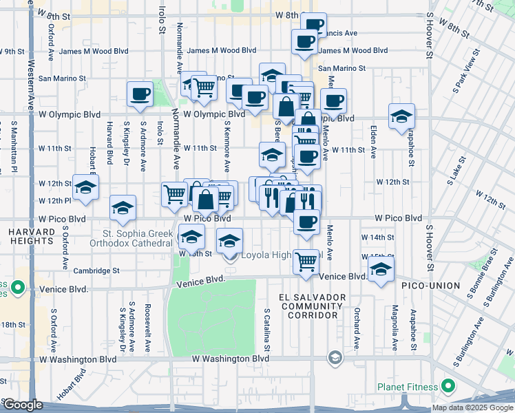 map of restaurants, bars, coffee shops, grocery stores, and more near 1243 South Catalina Street in Los Angeles