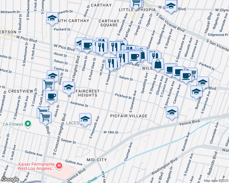 map of restaurants, bars, coffee shops, grocery stores, and more near 1562 South Fairfax Avenue in Los Angeles