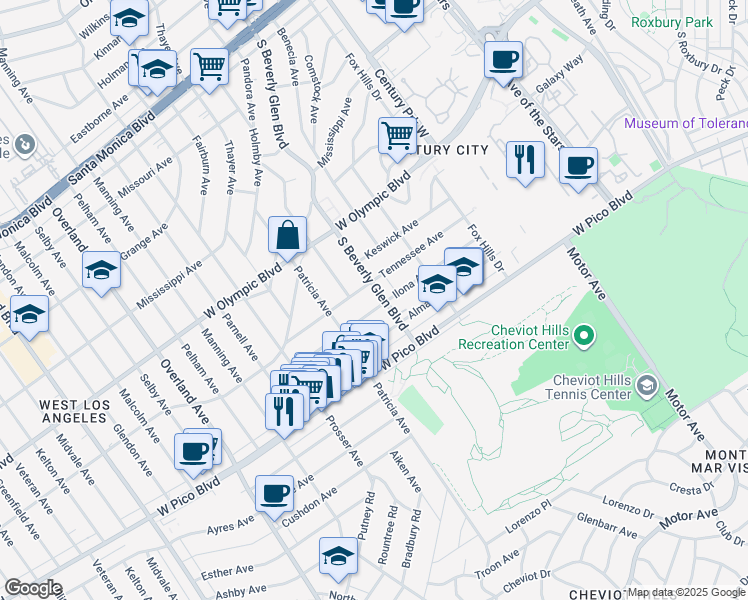 map of restaurants, bars, coffee shops, grocery stores, and more near 2323 South Beverly Glen Boulevard in Los Angeles