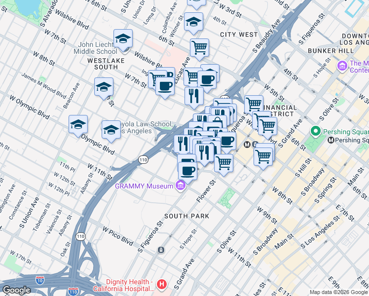 map of restaurants, bars, coffee shops, grocery stores, and more near 889 Francisco Street in Los Angeles