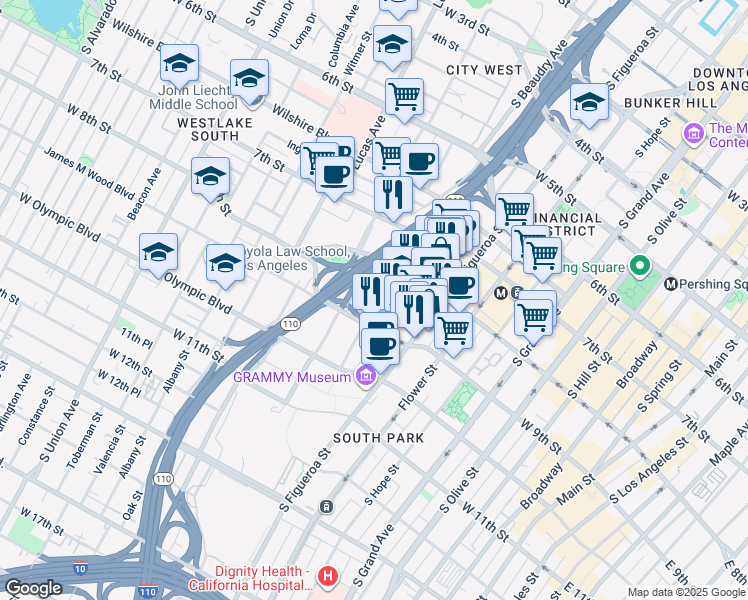 map of restaurants, bars, coffee shops, grocery stores, and more near 889 Francisco Street in Los Angeles