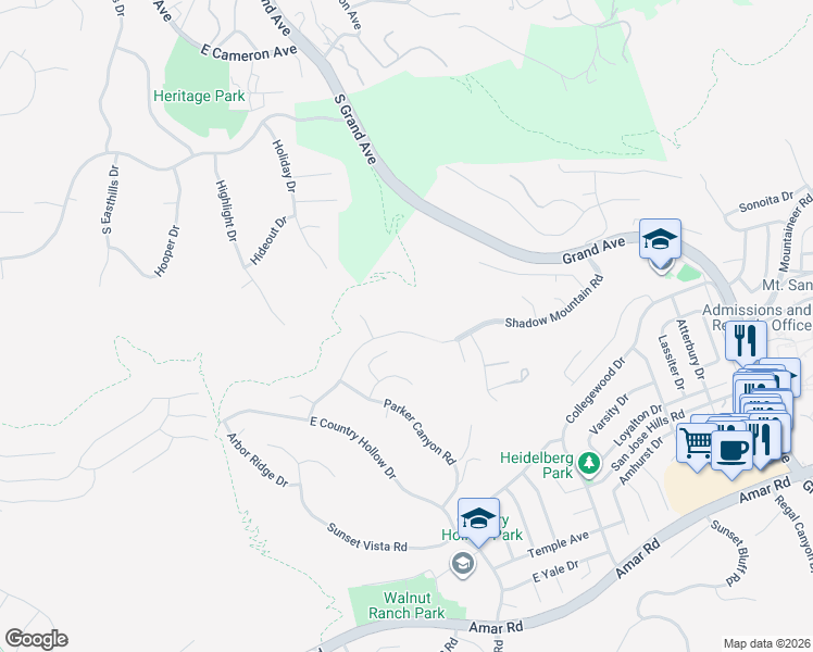 map of restaurants, bars, coffee shops, grocery stores, and more near 20033 East Skyline Drive in Walnut