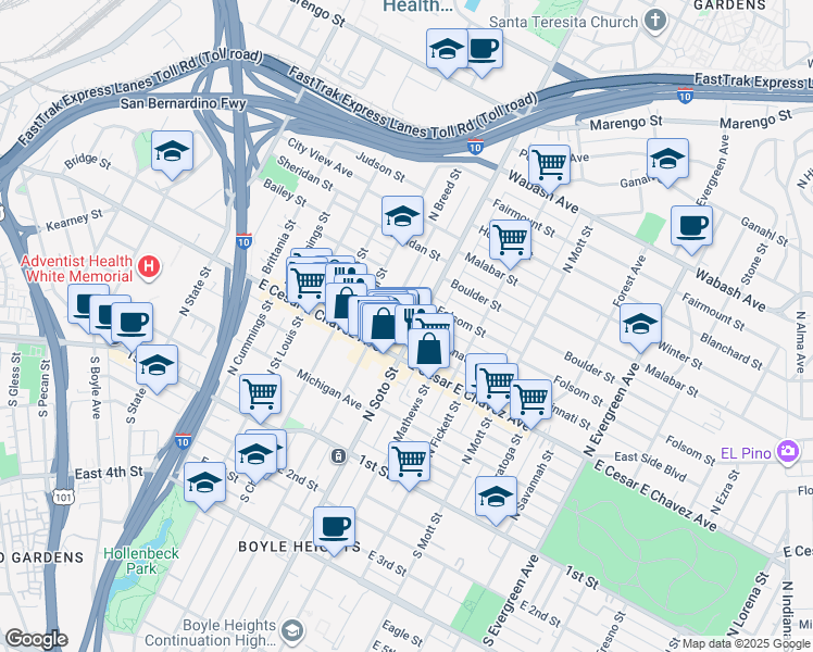 map of restaurants, bars, coffee shops, grocery stores, and more near 2342 Folsom Street in Los Angeles