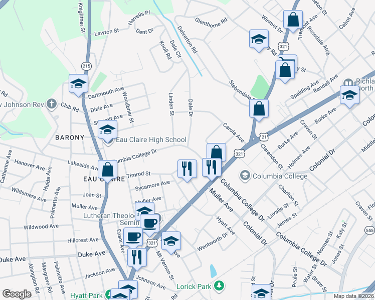 map of restaurants, bars, coffee shops, grocery stores, and more near 1025 Columbia College Drive in Columbia