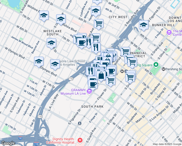 map of restaurants, bars, coffee shops, grocery stores, and more near 889 Francisco Street in Los Angeles
