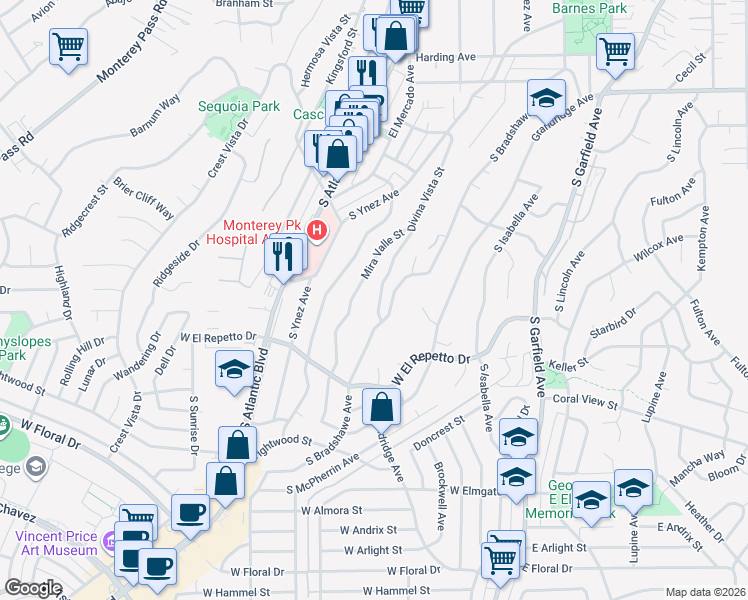 map of restaurants, bars, coffee shops, grocery stores, and more near 927 Divina Vista Street in Monterey Park