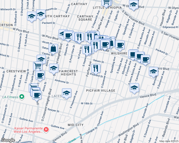 map of restaurants, bars, coffee shops, grocery stores, and more near 1546 South Hayworth Avenue in Los Angeles