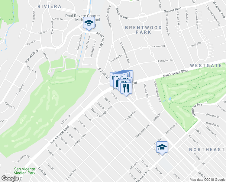 map of restaurants, bars, coffee shops, grocery stores, and more near 209 25th Street in Santa Monica
