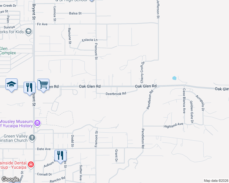 map of restaurants, bars, coffee shops, grocery stores, and more near 11336 Oak Hill Lane in Yucaipa