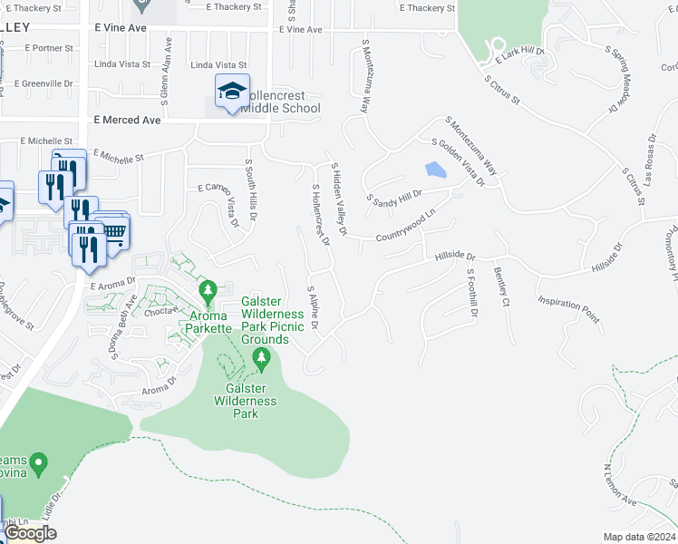 map of restaurants, bars, coffee shops, grocery stores, and more near 1502 South Hollencrest Drive in West Covina