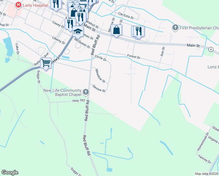 map of restaurants, bars, coffee shops, grocery stores, and more near 5001 Circle Drive in Loris