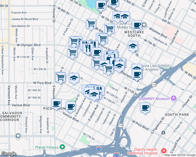map of restaurants, bars, coffee shops, grocery stores, and more near 1051 Beacon Avenue in Los Angeles