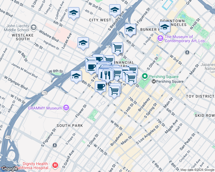 map of restaurants, bars, coffee shops, grocery stores, and more near 711 South Hope Street in Los Angeles