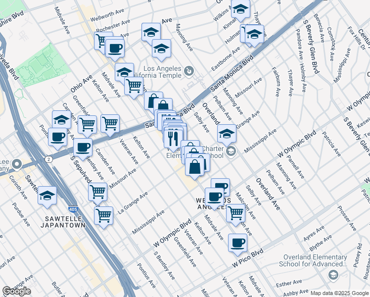 map of restaurants, bars, coffee shops, grocery stores, and more near in Los Angeles County