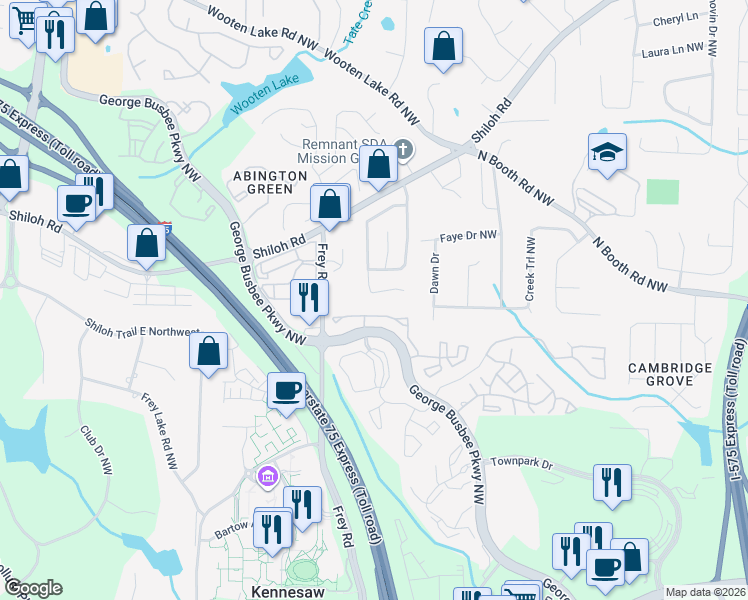 map of restaurants, bars, coffee shops, grocery stores, and more near 936 Shiloh Ridge Run Northwest in Kennesaw