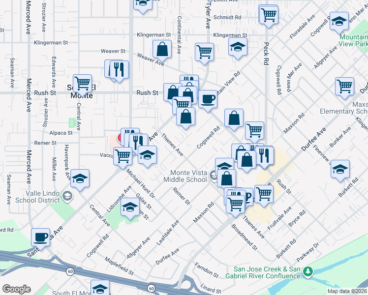 map of restaurants, bars, coffee shops, grocery stores, and more near 1819 Floradale Avenue in South El Monte