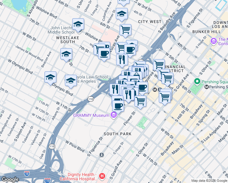 map of restaurants, bars, coffee shops, grocery stores, and more near 889 Francisco Street in Los Angeles