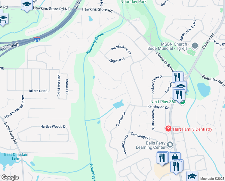 map of restaurants, bars, coffee shops, grocery stores, and more near 416 Nottingham Drive in Marietta