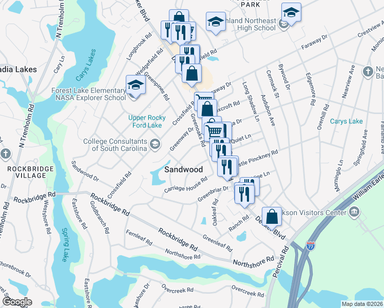 map of restaurants, bars, coffee shops, grocery stores, and more near 3505 Boundbrook Lane in Columbia