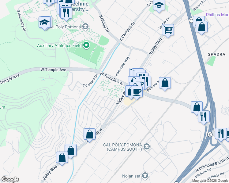 map of restaurants, bars, coffee shops, grocery stores, and more near 3400 Poly Vista in Pomona