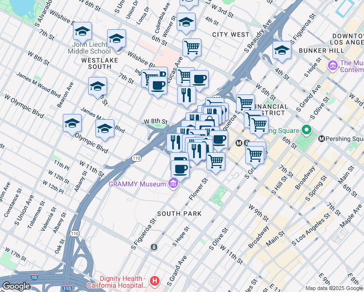 map of restaurants, bars, coffee shops, grocery stores, and more near 889 Francisco Street in Los Angeles