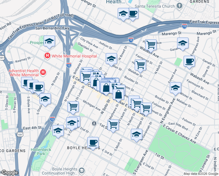 map of restaurants, bars, coffee shops, grocery stores, and more near 2342 Folsom Street in Los Angeles
