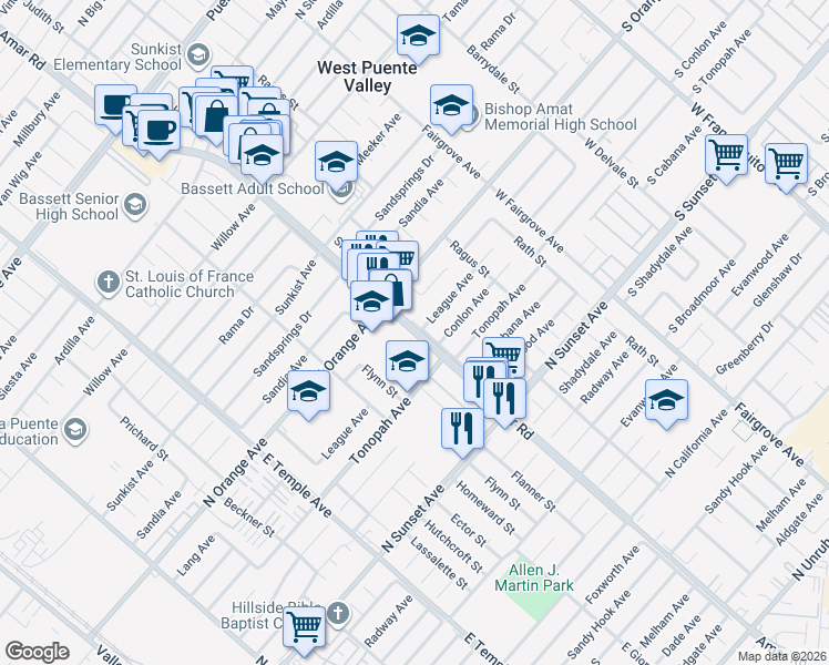 map of restaurants, bars, coffee shops, grocery stores, and more near 14344 Amar Road in La Puente