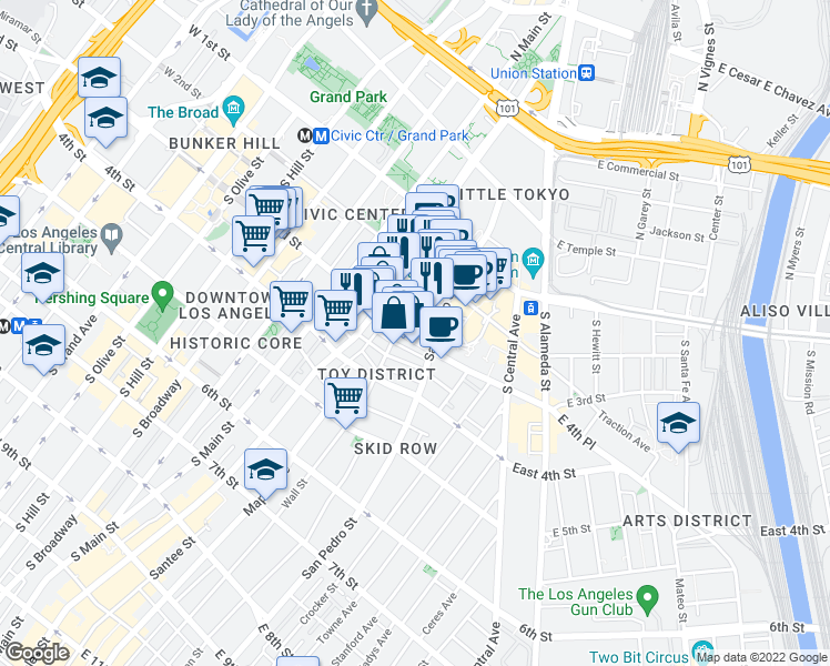 map of restaurants, bars, coffee shops, grocery stores, and more near 267 San Pedro Street in Los Angeles