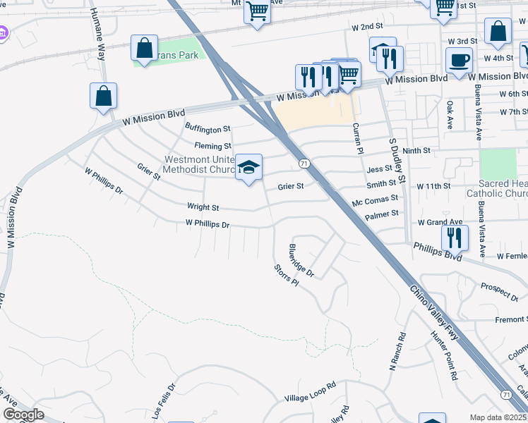map of restaurants, bars, coffee shops, grocery stores, and more near 1770 Wright Street in Pomona