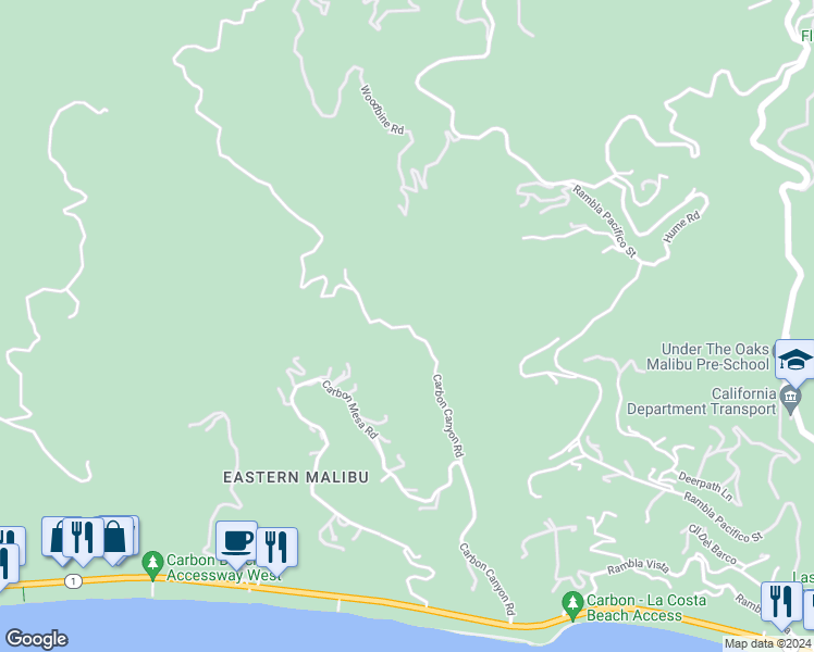 map of restaurants, bars, coffee shops, grocery stores, and more near Carbon Canyon Road in Malibu