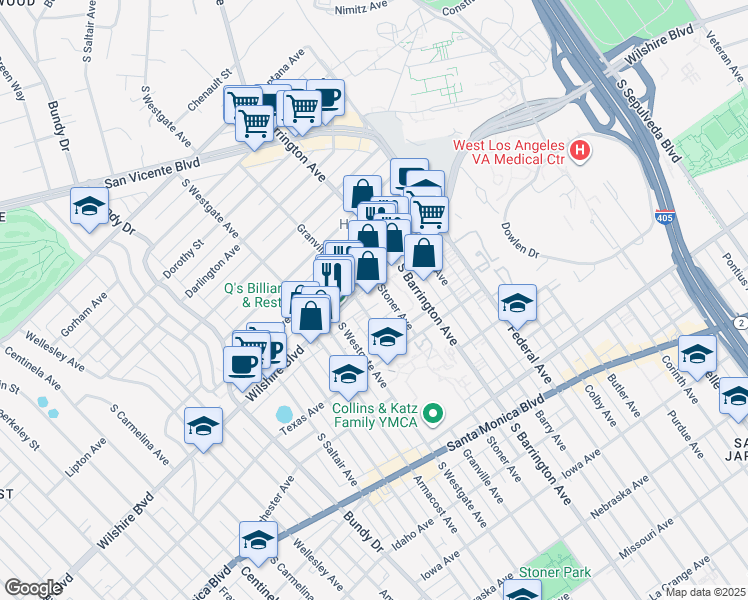 map of restaurants, bars, coffee shops, grocery stores, and more near 11750 Wilshire Boulevard in Los Angeles