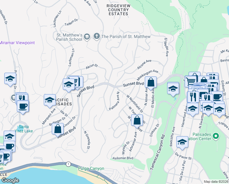 map of restaurants, bars, coffee shops, grocery stores, and more near 670 Las Lomas Avenue in Los Angeles