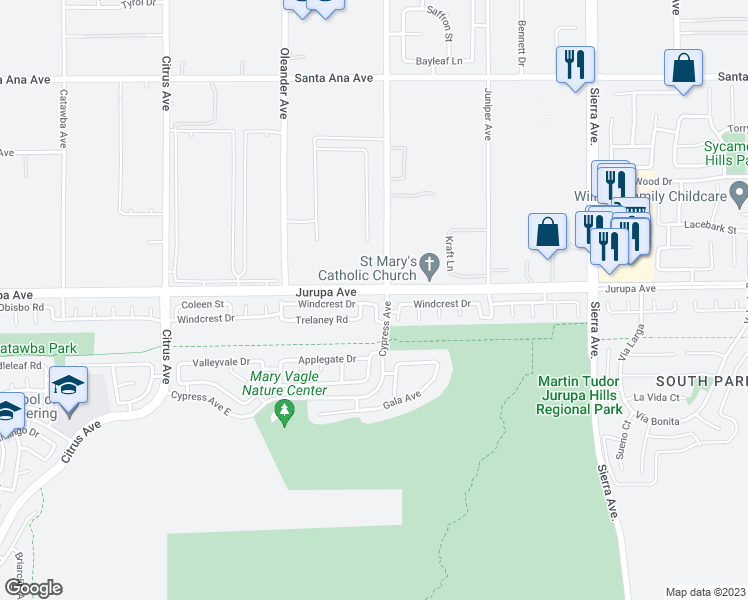 map of restaurants, bars, coffee shops, grocery stores, and more near 16476 Windcrest Drive in Fontana