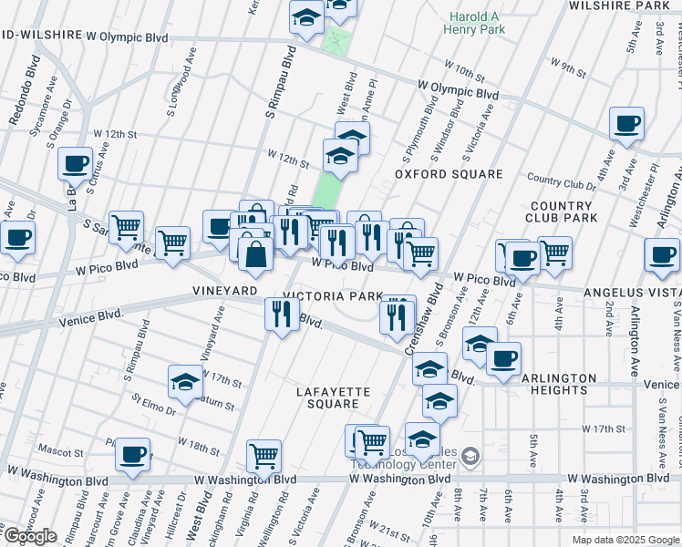 map of restaurants, bars, coffee shops, grocery stores, and more near 4455 West Pico Boulevard in Los Angeles