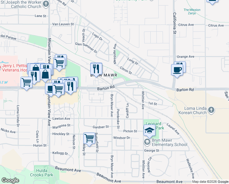 map of restaurants, bars, coffee shops, grocery stores, and more near in Loma Linda