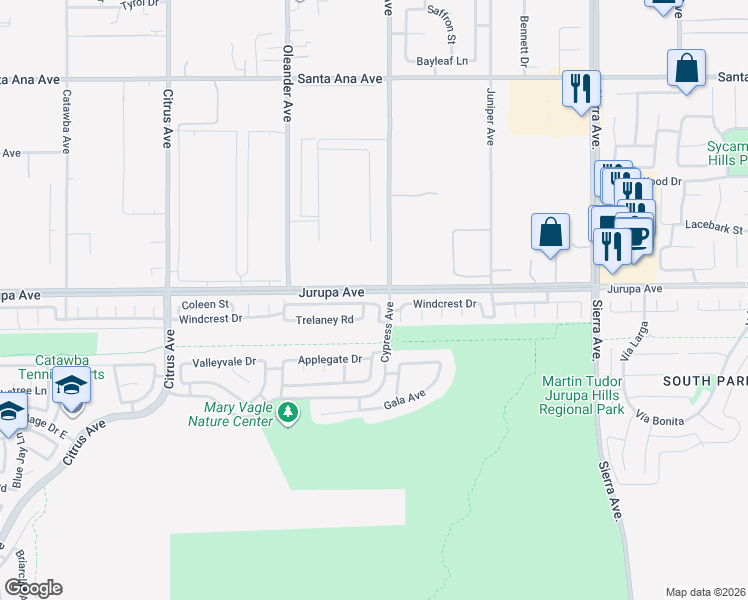 map of restaurants, bars, coffee shops, grocery stores, and more near 16442 Jurupa Avenue in Fontana