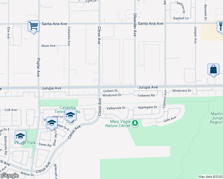 map of restaurants, bars, coffee shops, grocery stores, and more near 16224 Coleen Street in Fontana