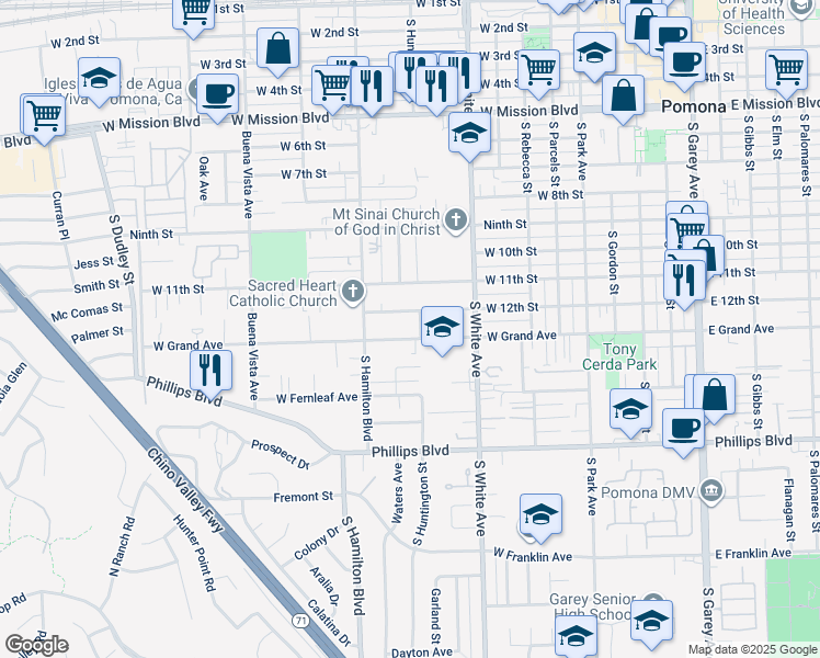 map of restaurants, bars, coffee shops, grocery stores, and more near 996 West 12th Street in Pomona