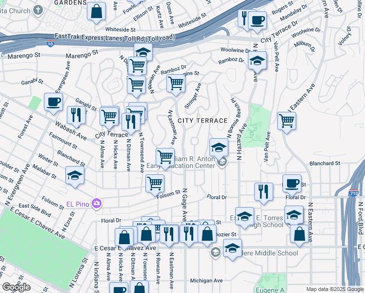 map of restaurants, bars, coffee shops, grocery stores, and more near 1019 North Gage Avenue in Los Angeles