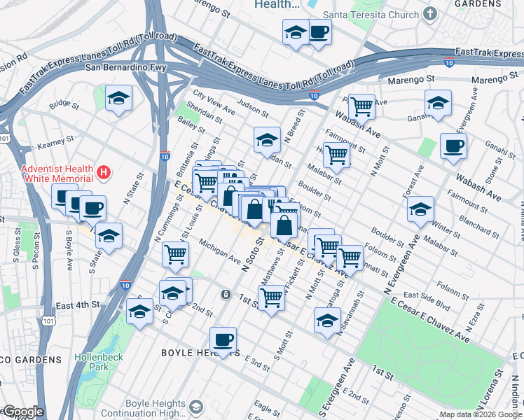 map of restaurants, bars, coffee shops, grocery stores, and more near 2342 Folsom Street in Los Angeles