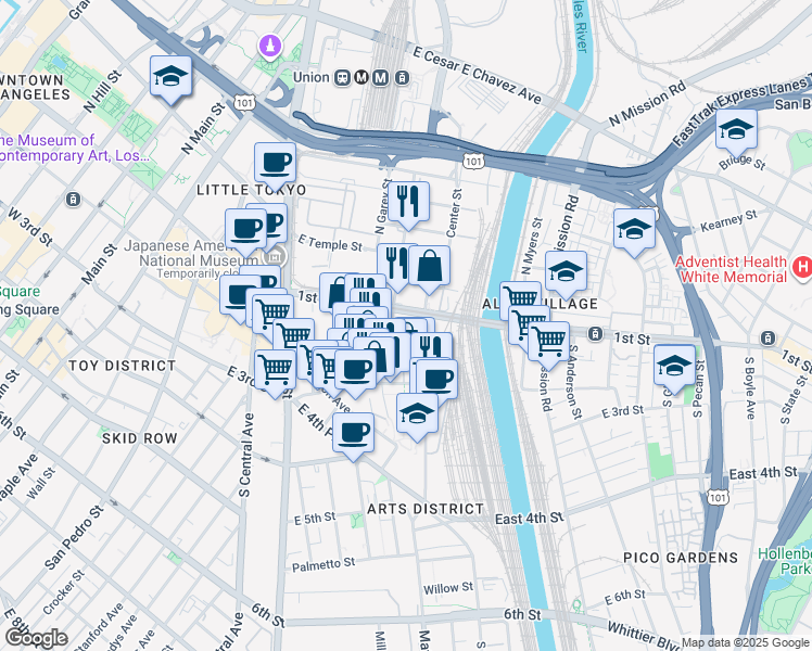 map of restaurants, bars, coffee shops, grocery stores, and more near 915 East 1st Street in Los Angeles