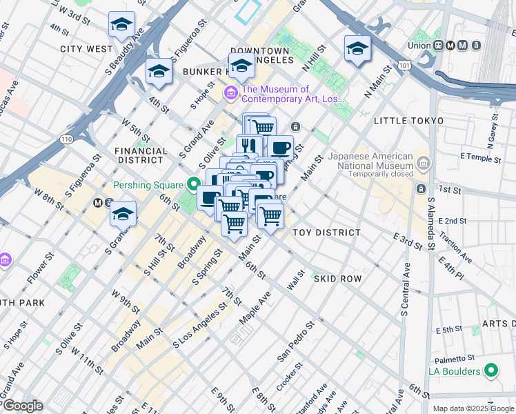 map of restaurants, bars, coffee shops, grocery stores, and more near 433 South Spring Street in Los Angeles