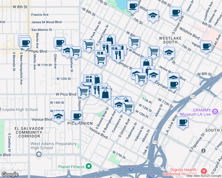 map of restaurants, bars, coffee shops, grocery stores, and more near 1842 West 11th Place in Los Angeles