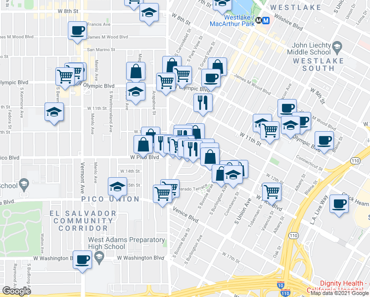 map of restaurants, bars, coffee shops, grocery stores, and more near 1217 South Alvarado Street in Los Angeles