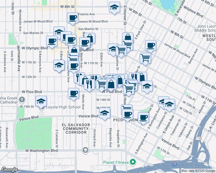 map of restaurants, bars, coffee shops, grocery stores, and more near 1223 Magnolia Avenue in Los Angeles