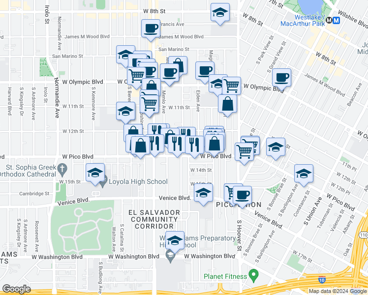 map of restaurants, bars, coffee shops, grocery stores, and more near 1220 South Westmoreland Avenue in Los Angeles